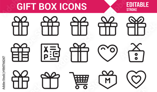 Wrapped present and ribbon line icons collection