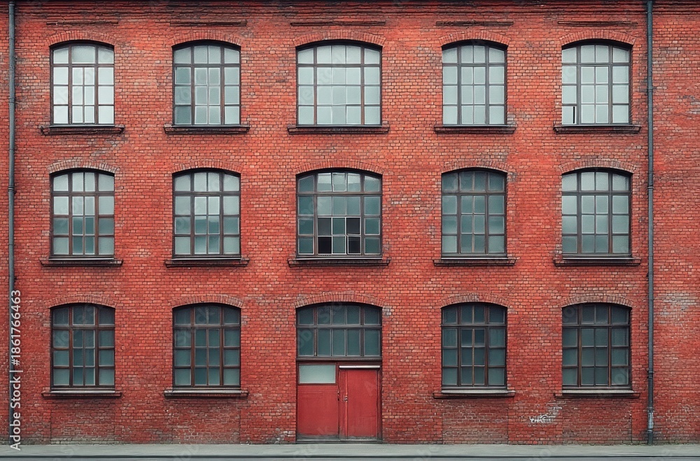 Fototapeta premium symmetrical red brick industrial building facade with three rows of arched multi-pane windows and a central red double door, evoking a quiet nostalgic urban mood