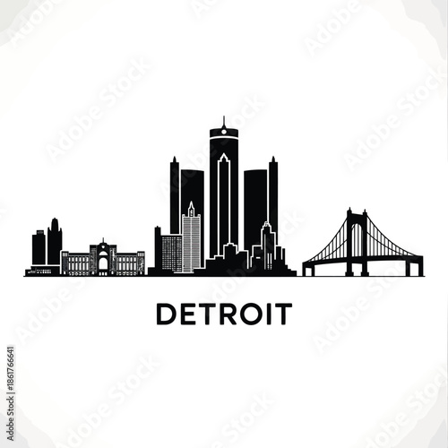 A striking black silhouette of the detroit skyline with iconic landmarks