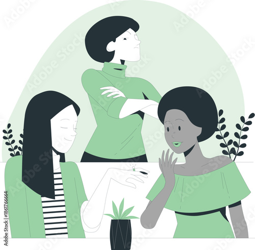 Three women interacting in a workplace setting with a plant on the table