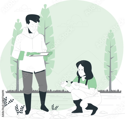 Man and woman examining plants in a serene forest environment from a frontal viewpoint