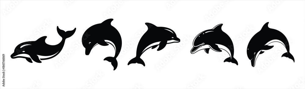 Fototapeta premium Dynamic silhouette collection of graceful dolphins in various playful poses