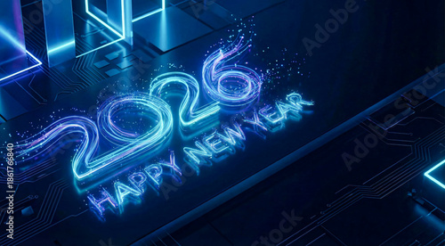 Futuristic Happy New Year Background With Digital Light Trails