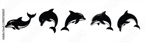 Dynamic silhouette collection of graceful dolphins in various playful poses