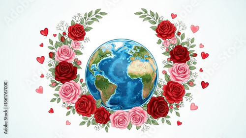 Earth surrounded by red and pink roses with hearts on white background, symbolizing love and care for the planet, eco friendly concept