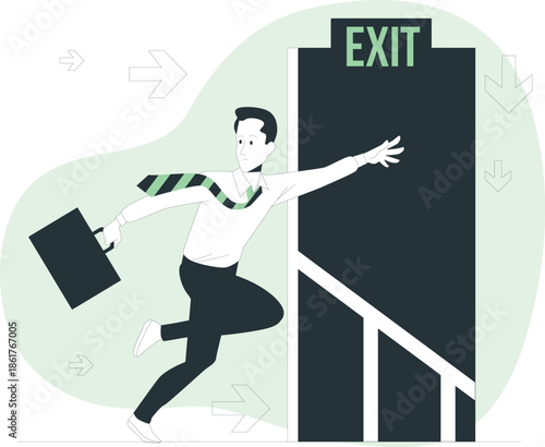 A businessman in a hurry rushes towards the exit staircase carrying a briefcase