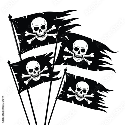 A collection of black pirate flags with white skull and crossbones
