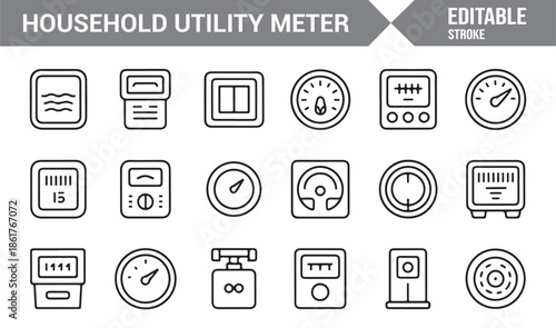 Editable household utility meter icons in line style