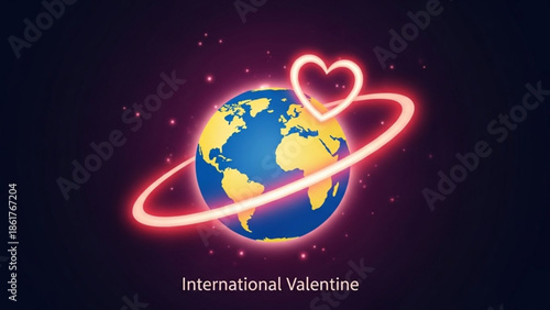 Glowing neon heart encircles the earth on a starry night sky background for international valentine day celebration symbolizing global love and affection