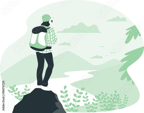 Hiker stands on mountain peak with backpack and hat, gazing out at scenic landscape