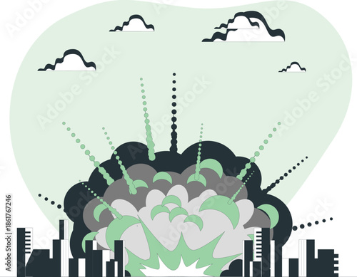 Cityscape engulfed by massive explosion with skyscrapers and debris