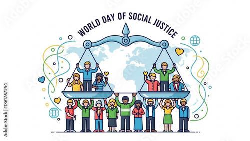 Diverse group of people standing together holding scales of justice with world day of social justice text