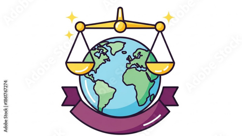 A vibrant illustration of a scale balancing the earth globe on a purple ribbon with golden stars, symbolizing global justice and harmony