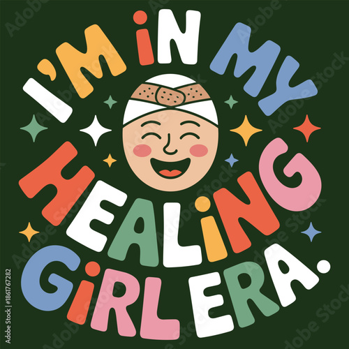 Smiling girl with bandage on head surrounded by colorful text and stars