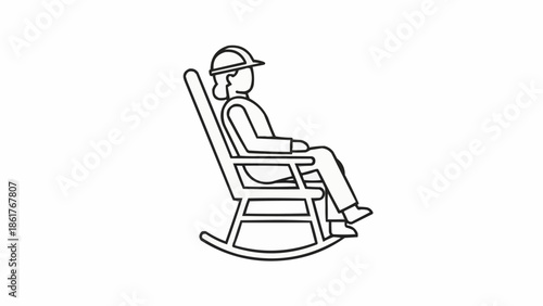 Construction worker relaxing in a rocking chair.