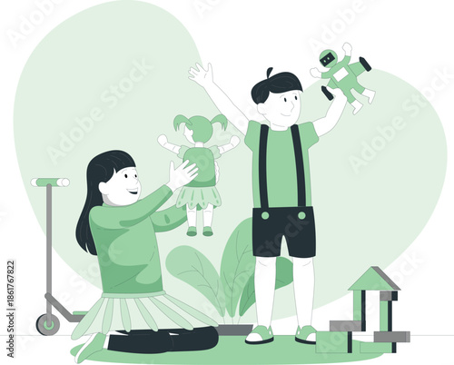 Children playing with toys in a green outdoor environment viewed from a slight angle