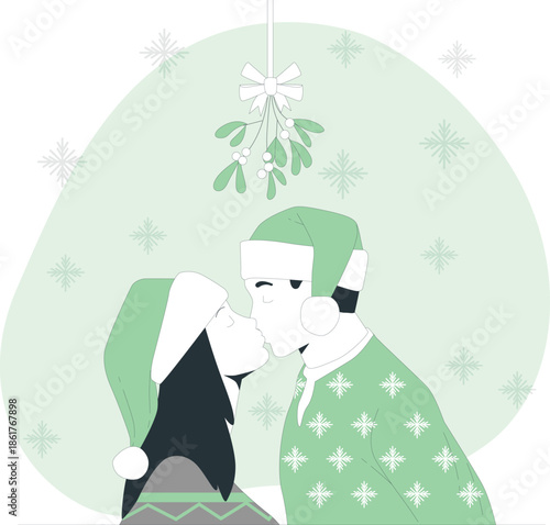 Couple sharing a romantic kiss under mistletoe on a festive winter evening