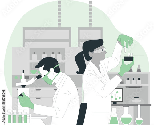 Scientists conducting experiments in a laboratory setting with various equipment and chemicals