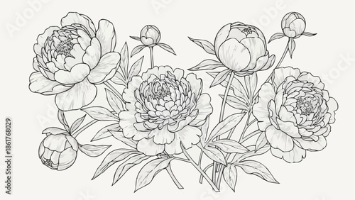 Elegant Peony Flower Illustration Line Art Drawing.