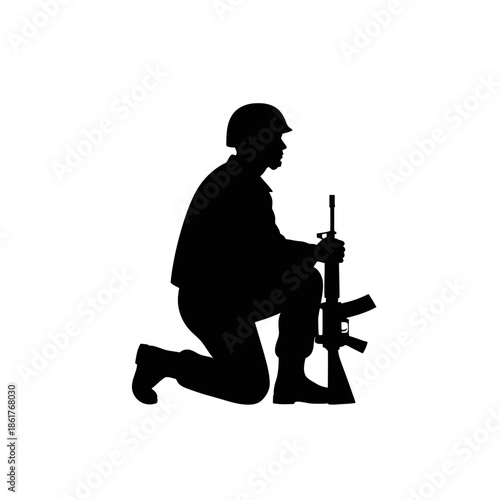 Soldier Silhouette Kneeling with Rifle, Military Vigil, Armed Forces Concept