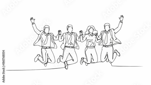 Four Business People Jumping Together in Celebration.