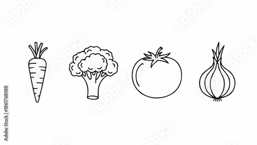 Hand drawn line art illustration of carrot broccoli tomato and onion.