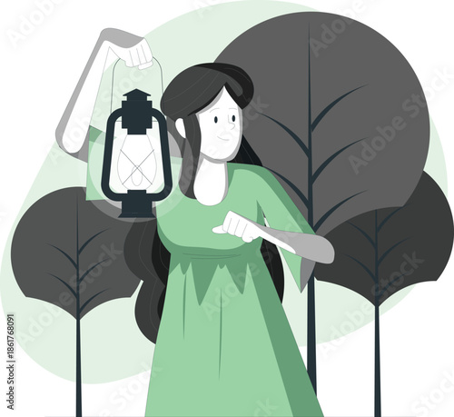 Woman holding a lantern standing among plants in a serene environment viewed from the front