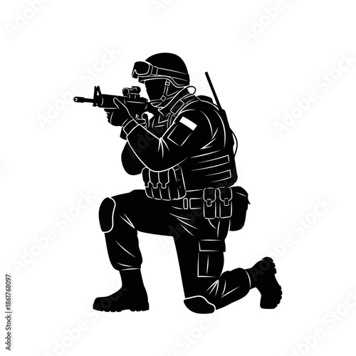 Soldier aiming rifle, tactical gear, military silhouette, action pose, combat readiness