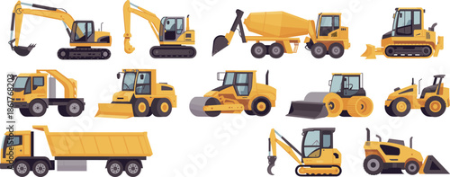 Construction heavy machinery vehicles vector illustration set with excavators loaders rollers cranes trucks for industrial engineering building projects