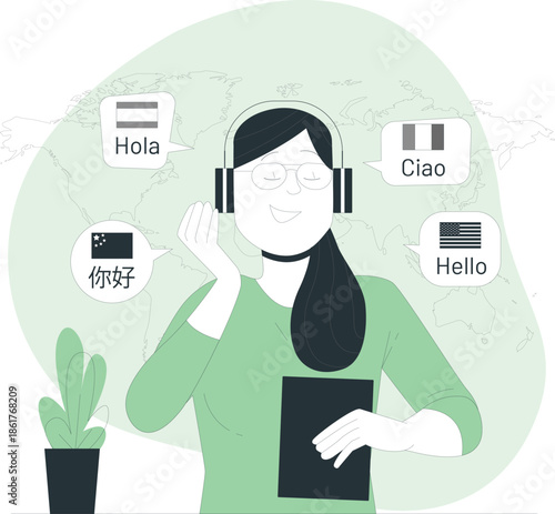 Woman wearing headphones and holding a tablet with various greetings displayed around her