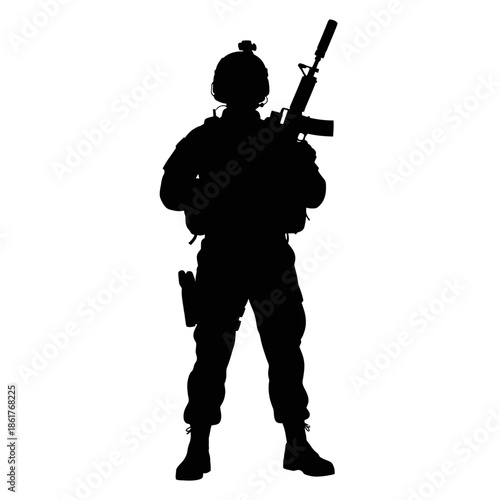 Silhouette of a soldier holding a rifle, wearing tactical gear and helmet, isolated on white background