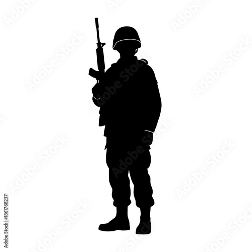 Silhouette soldier with rifle, standing guard, military concept, black and white