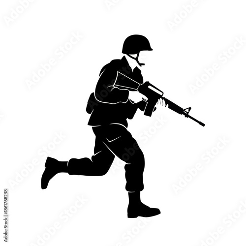 Soldier Running Silhouette with Rifle, Military Action