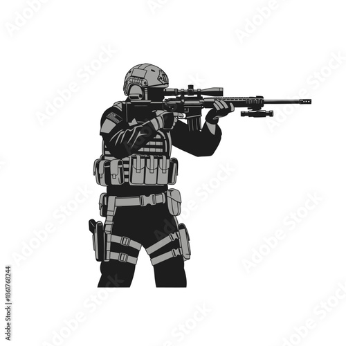 Special Forces Soldier Aiming Sniper Rifle - Silhouette Style