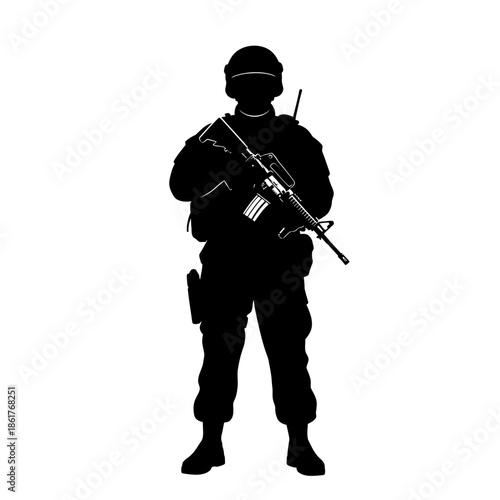 Silhouette of Soldier Standing with Assault Rifle