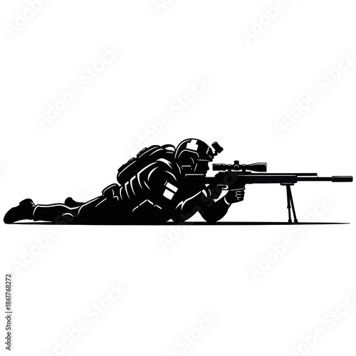 Silhouette of a soldier aiming a sniper rifle, lying prone, tactical gear, military concept