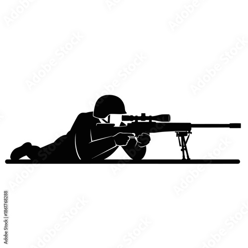Silhouette Sniper Soldier Lying Down with Rifle and Scope