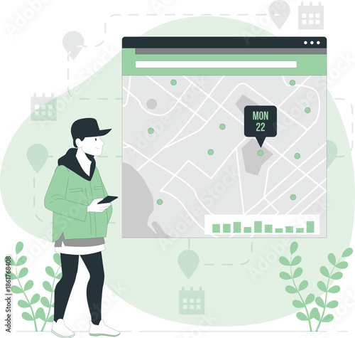 A person checking a map on a digital device with a location marker on a specific date