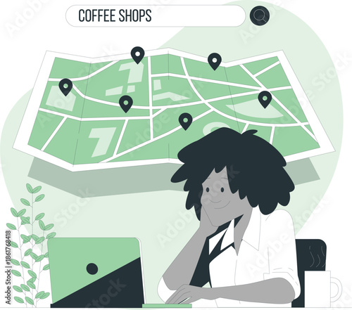 A person searching for nearby coffee shops on a digital map on their laptop in a relaxed indoor setting