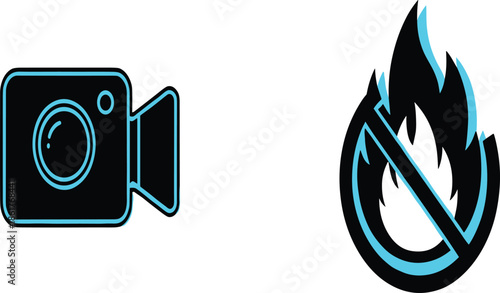 Set of Modern Neon Style Video Camera and No Fire Icons for Digital Content and Safety Warning Concept Vector.