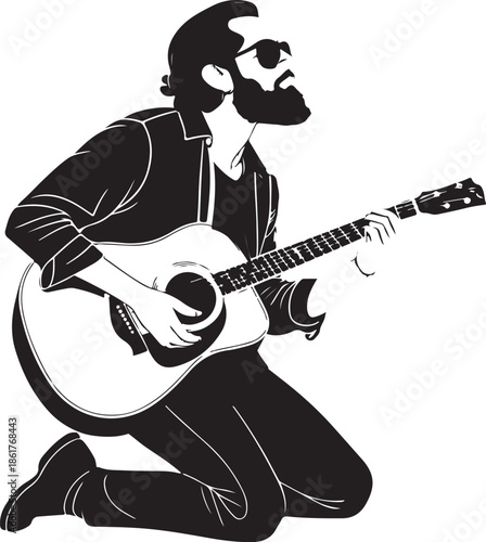 A rock musician plays a guitar during a live music performance