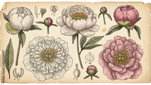 Vintage Botanical Illustration of Peony Flowers and Buds.