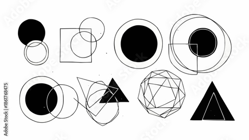 Collection of abstract geometric shapes and forms in black and white.