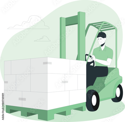 A warehouse worker operating a forklift to move a large stack of white boxes efficiently in a storage facility.
