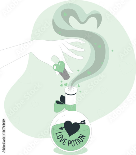 A hand holding a bottle of love potion with smoke flowing out