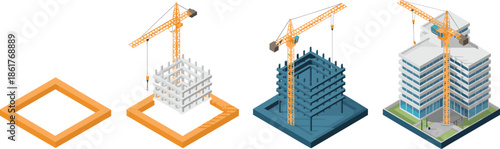 Isometric construction process vector illustration showing building stages with tower crane architecture development engineering workflow urban infrastructure design concept visualizationv