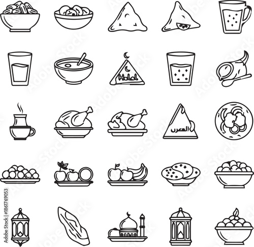 Ramadan Iftar Food Icons Set Islamic Feast Line Art Collection