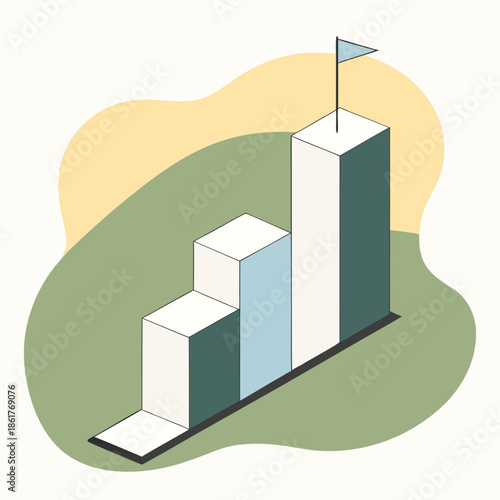Illustration of growing bar graph with flag