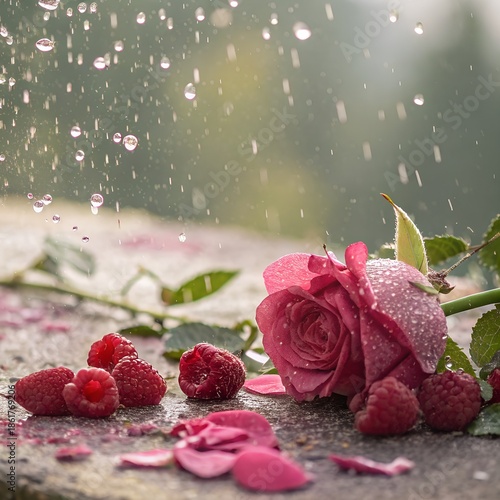 Rose petals and raspberries in rainy mist, soft focus edges, beautiful background
