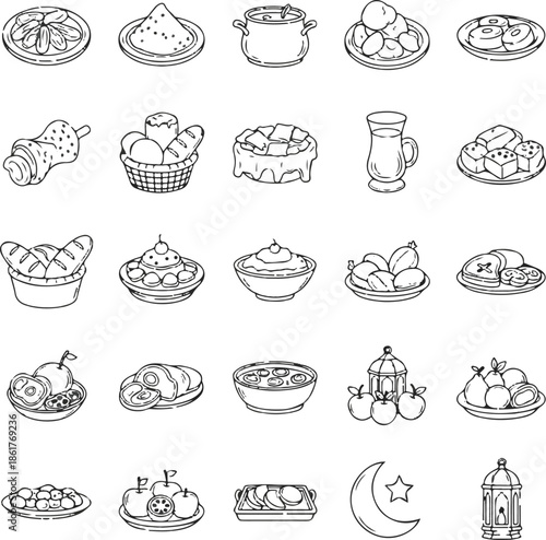 Ramadan Iftar Food and Islamic Symbols Hand Drawn Line Icons